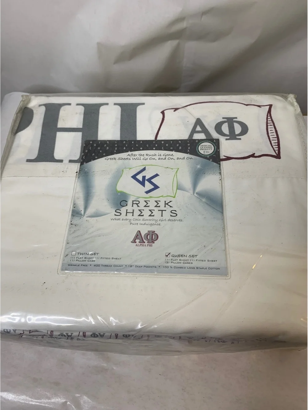 Rare Greek Sheets Alpha Phi Queen Bed Sheet Set 100% Combed Cotton